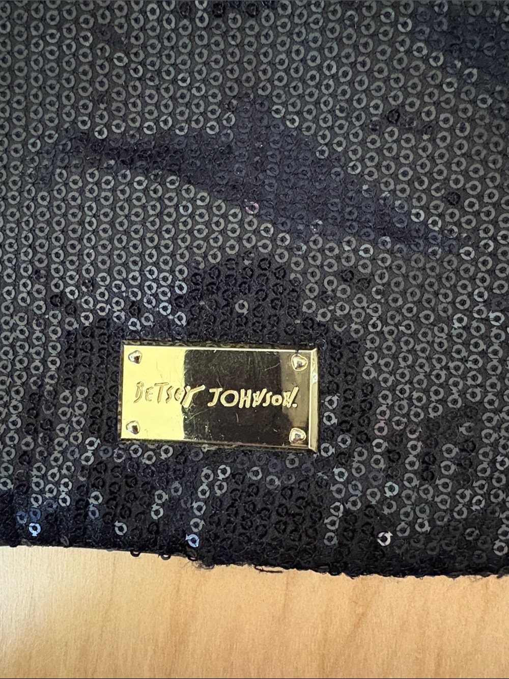 Betsey Johnson Black Sequin Wristlet with Pink Embroidered Logo - Picture 6 of 11